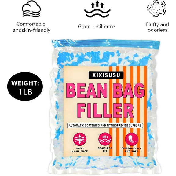 Bean Bag Filler Refill - 1LB Premium White Shredded Memory Foam Stuffing | Compatible with Bean Bag Chairs | Soft, Supportive & Odor-Free Filling for Dolls, Pet Beds and Pillows (Blue & White)