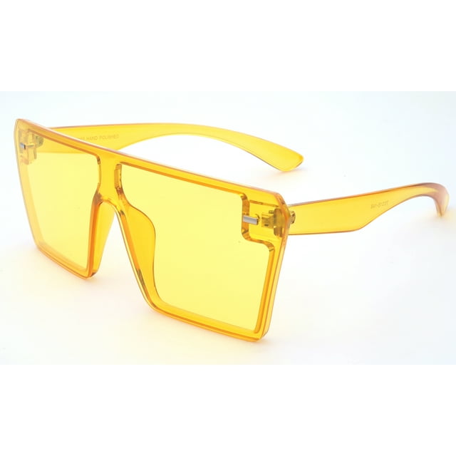 Newbee Fashion Square Vintage Oversized One Piece Large Lens Sunglasses for Women, Men, Junior Teen, Rectangle Flat Top Composite Frame, Big Wind Shield Lens w/ Rivet, UV 400, Yellow Frame Yellow Lens