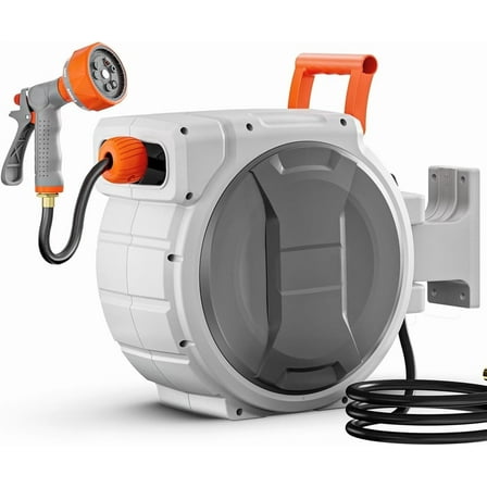 Retractable Garden Hose Reel, 1/2 Inch x 65 ft Wall Mounted, Heavy Duty Garden Hose Reel with 9 Patterns Nozzle,
