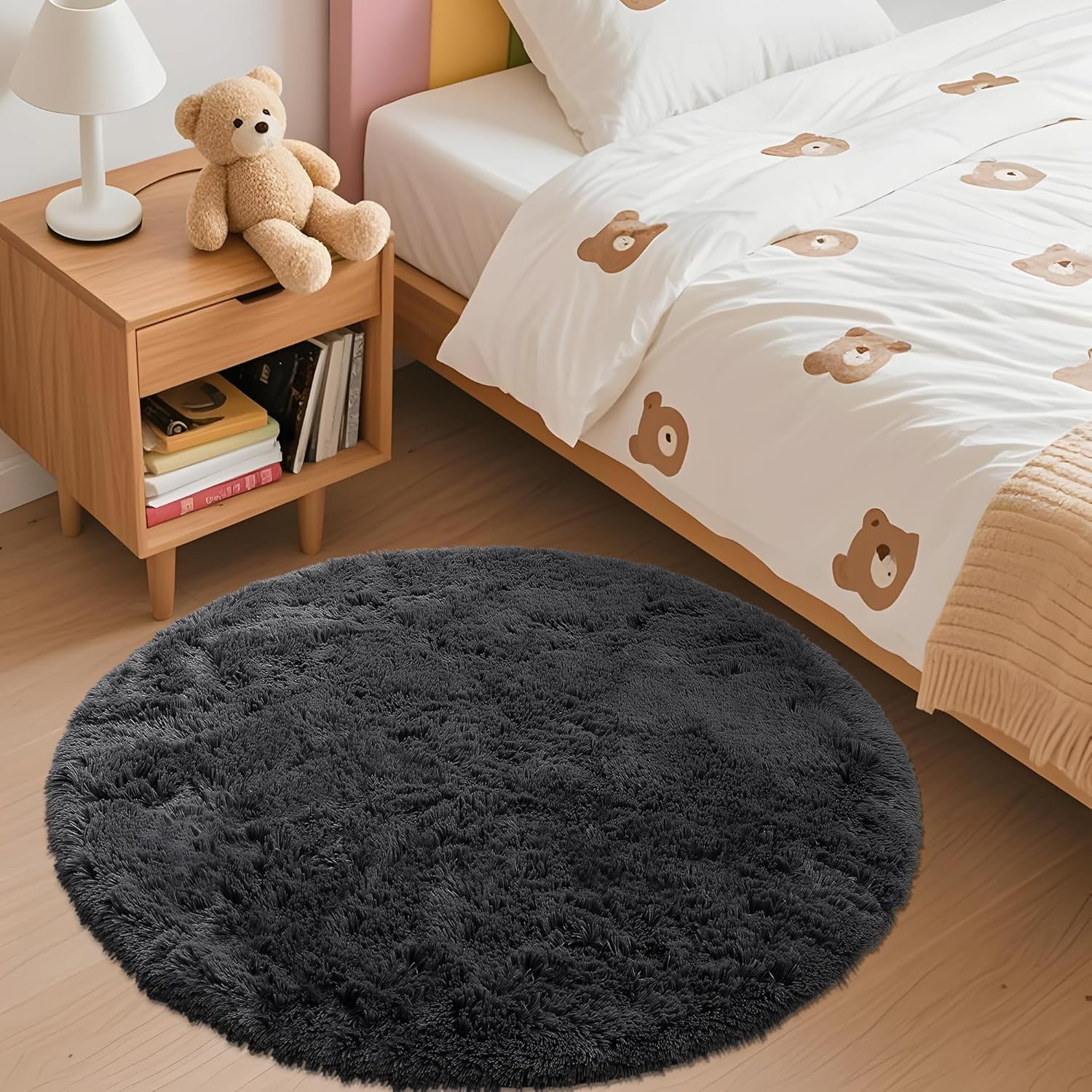 Buganda Fluffy Area Rugs, Round Area Rug for Living Room, Soft Decorative Carpet for Indoor Home, 3'x3', Black