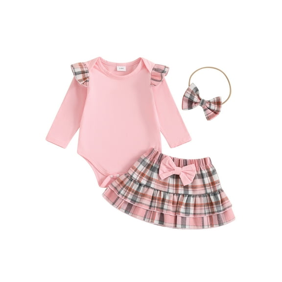 Baby Toddler Girls 3-piece Outfit, 0 3 6 12 18 Months Long Sleeve Romper with Plaid Skirt Bowknot Headband Fall Outfit