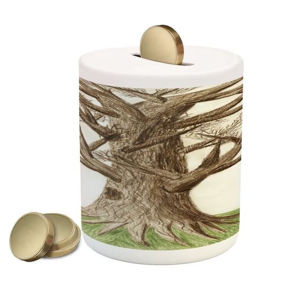 Tree of Life Piggy Bank, Hand Drawn Pastoral Single Old Tree with Growing Branches on the Grass Print, Ceramic Coin Bank Money Box for Cash Saving, 3.6" X 3.2", Green Brown, by Ambesonne