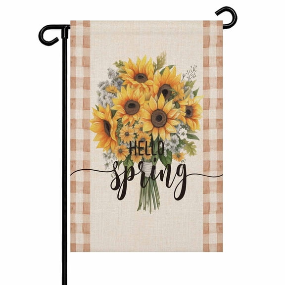 Garden Flag Double-Side Printed House Flag Hello Sunflowers Brown Buffalo Plaid Yard Flag Spring Flower Plant Welcome Banner Decor Outdoor Holiday Decorations 12*18in