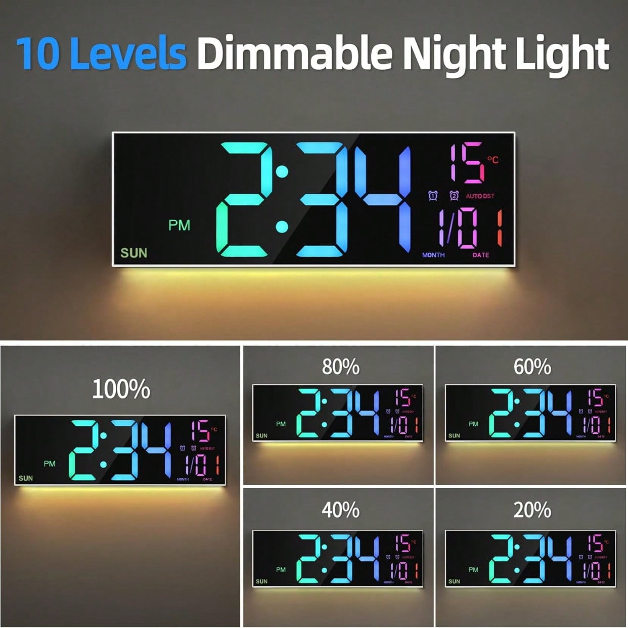 1pc Extra 16" Large Screen Digital Wall Clock with Remote Control, Dual Alarm with Big LED Screen Dispaly, 8 RGB Colors, Auto DST, Temperature for Living Room, Bedroom, Desk Decor, Mounted,