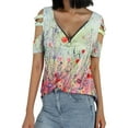 thumbnail image 1 of Douhoow Women Floral T-Shirts Short Sleeve V Neck Cold Shoulder Tunic Tops Zipper Blouses, 1 of 9