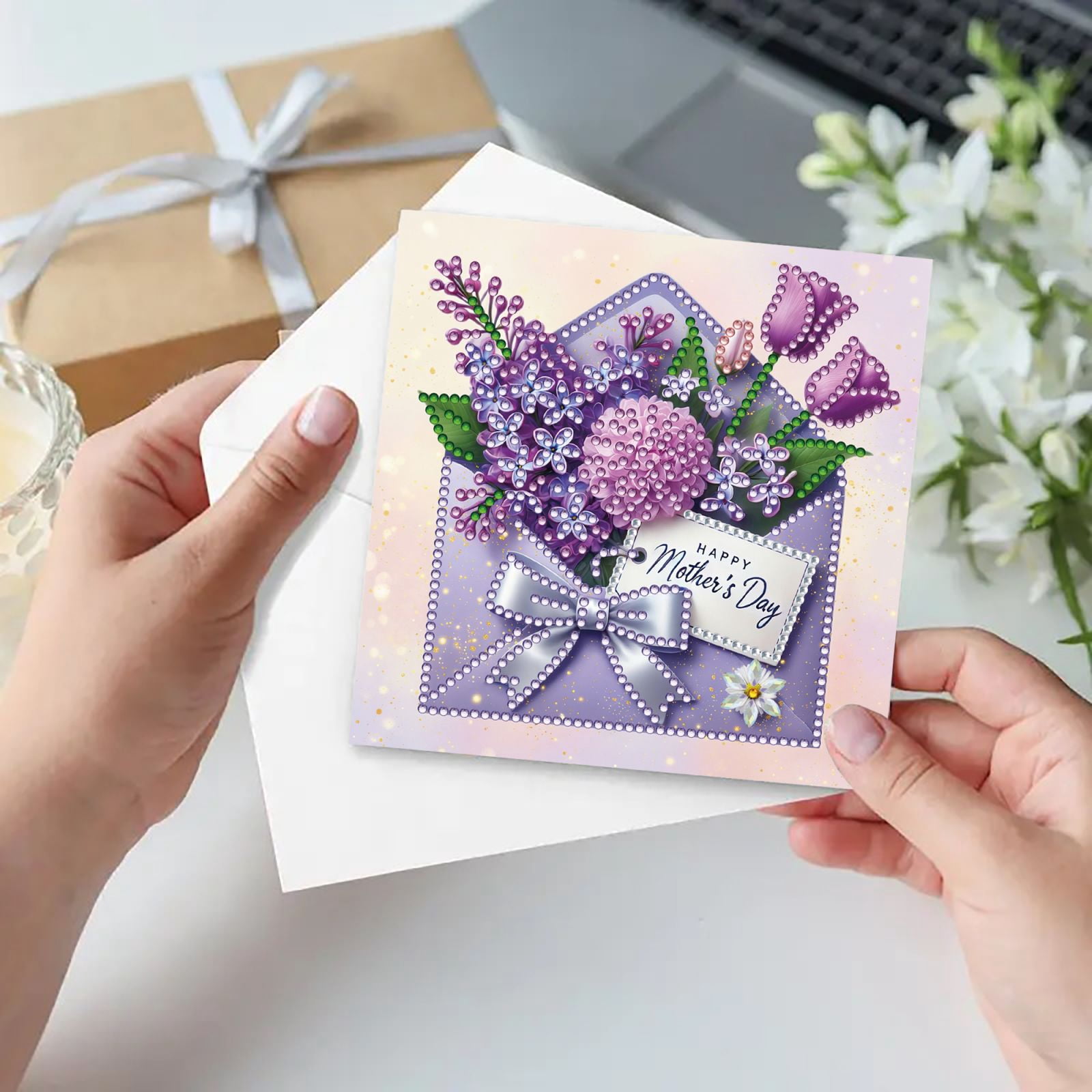 FLOPESN DIY Mother's Day Diamond Art Greeting Card Kit with White Envelope, 5.91X11.81in Envelope Theme, Creative Design Blessing Gift Folding Card Set
