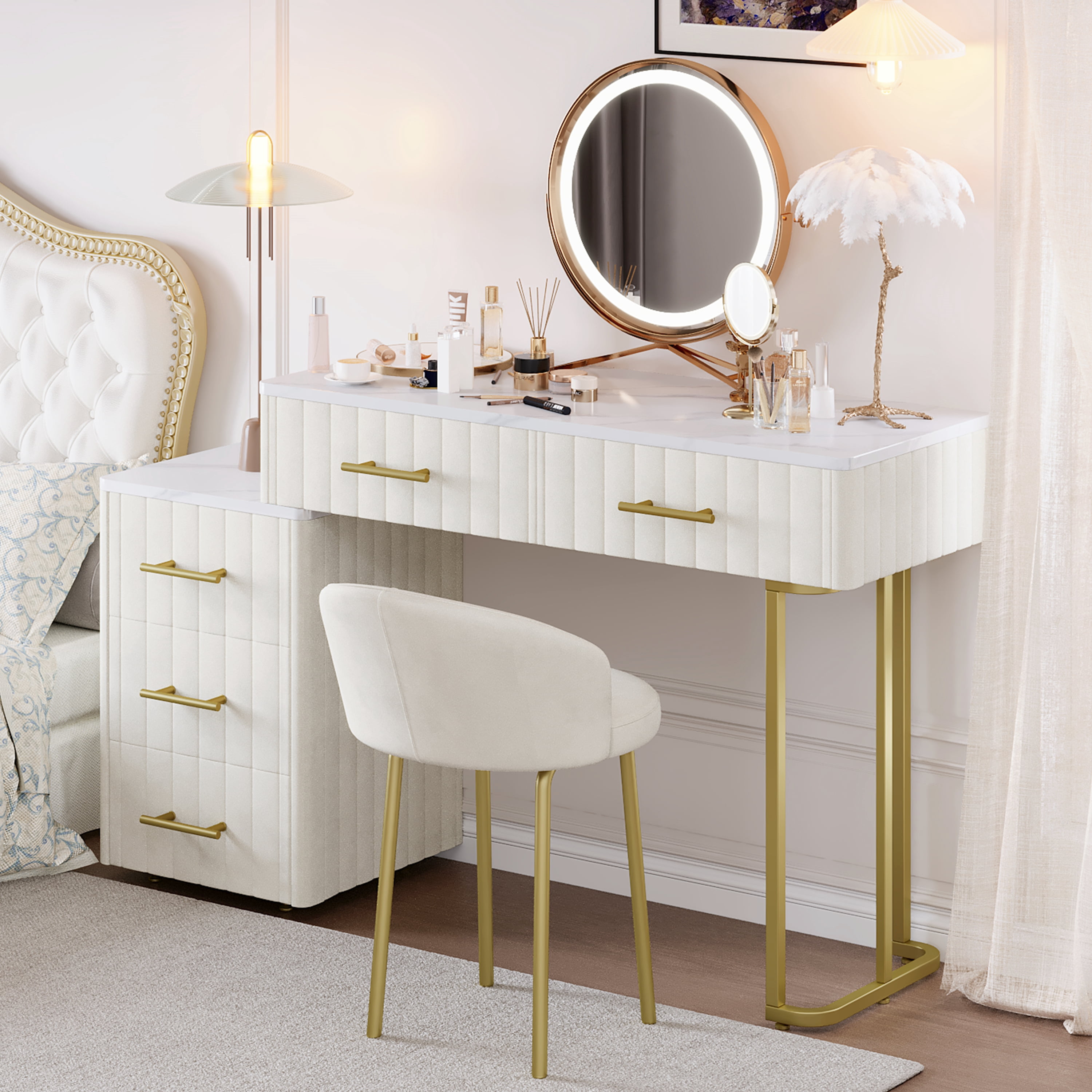 Euroco Upholstered Vanity Desk with Chair, Adjustable 5-Drawer Storage, Marble-Look Top & Gold Legs – 55” Makeup Table with Velvet Finish for Bedroom or Dressing Room
