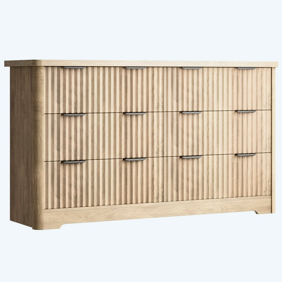 Modern Fluted 6 Drawer Dresser - Wide Wooden Clothes Storage Cabinet with Sturdy Wood Top, Deep Drawers - For Bedroom, Living Room, Hallway, TV Stand - Natural Oak Wood Color