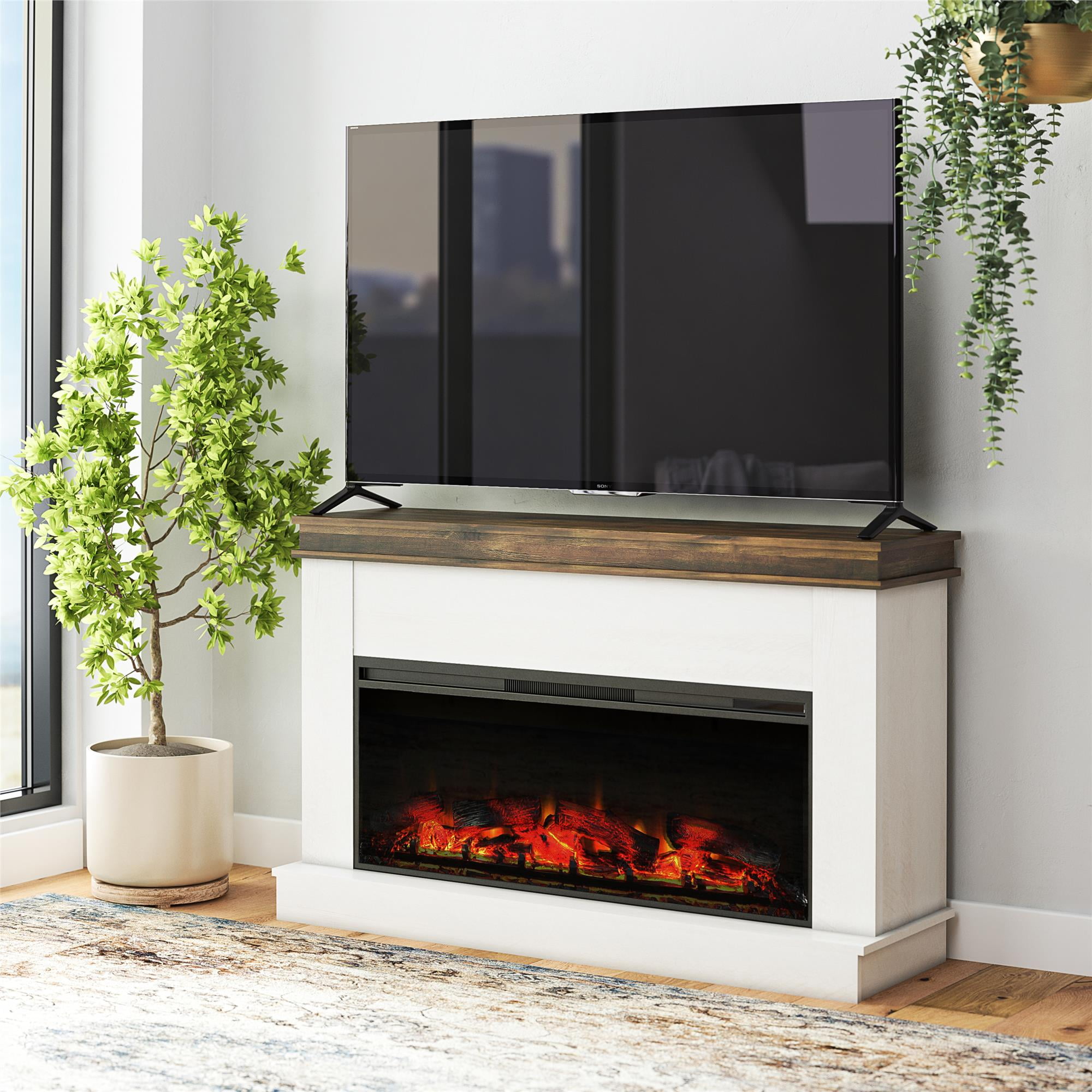 Mateo Wide Mantel with Linear Electric Fireplace and Remote for TVs up to 65", Ivory Oak/Rustic