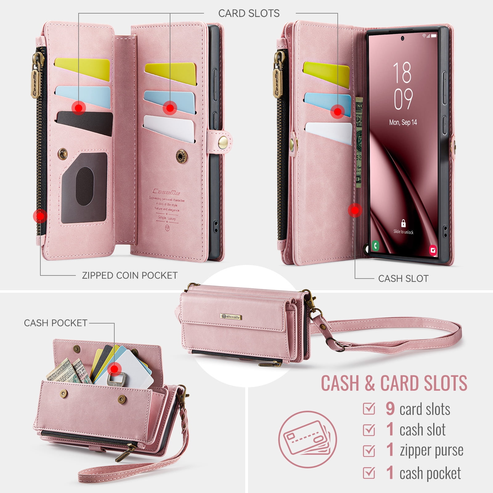 Decase Wallet Case for Samsung Galaxy S25 Ultra,Magnetic Flip Zipper Pocket PU Leather Phone Cover,Crossbody Flip Cover with RFID Card Slots,Pink