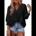 thumbnail image 1 of Blusas de 3/4 para Mujer, Blusas Plisadas Informales de Negocios con Cuello en V, Camisas Holgadas de Oficina Negro L, 1 of 7