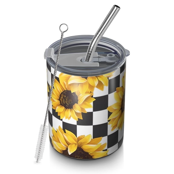 12oz Coffee Tumblers Black White Checker Sunflower Pattern Stainless Steel Vacuum Insulated Travel Tumbler Coffee Cups Mug with Lid and Straw with Cleaning Brush for Cold & Hot Drinks
