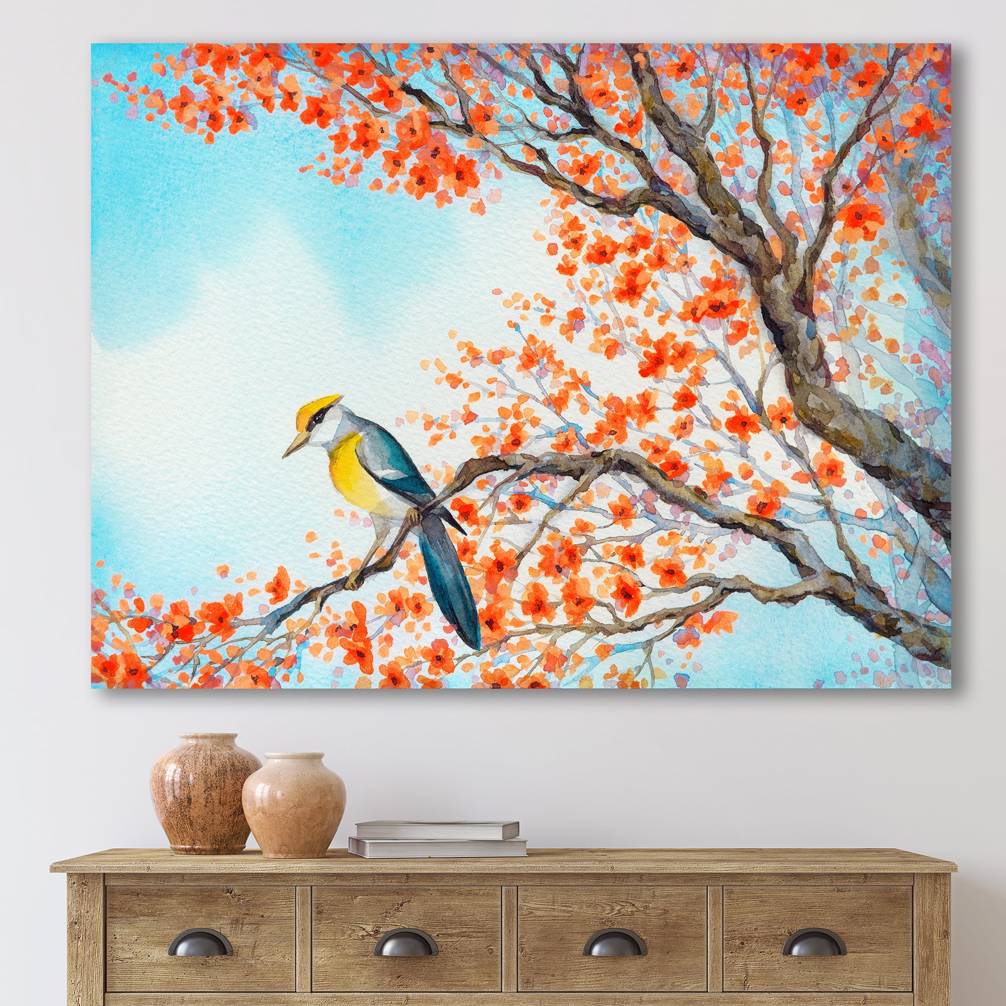 Designart ' Beautiful Orange Bird Sitting On Flowering Branch ' Traditional Canvas Wall Art Print