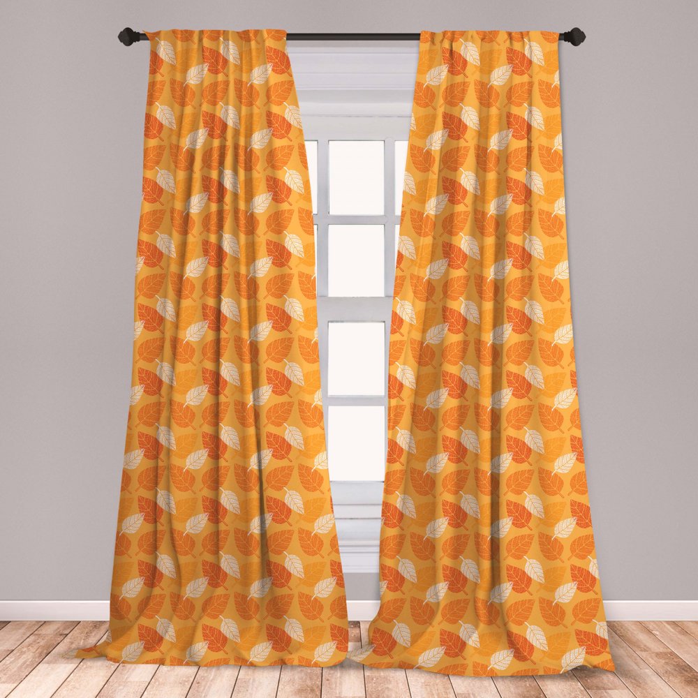 Burnt Orange Curtains 2 Panels Set, Autumn Leaves Silhouettes Foliage