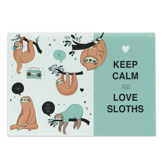 Animal Cutting Board, Lazy Sleepy Bear Tribe of Australian Sloths Keep Calm Words Cartoon Priint, Decorative Tempered Glass Cutting and Serving Board, Large Size, Multicolor, by Ambesonne
