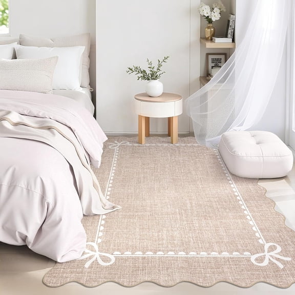 4x6 Scalloped Bow Corner Area Rug, Non Slip Washable Ultra Thin Low Pile Living Room Bedroom Carpet,Camel