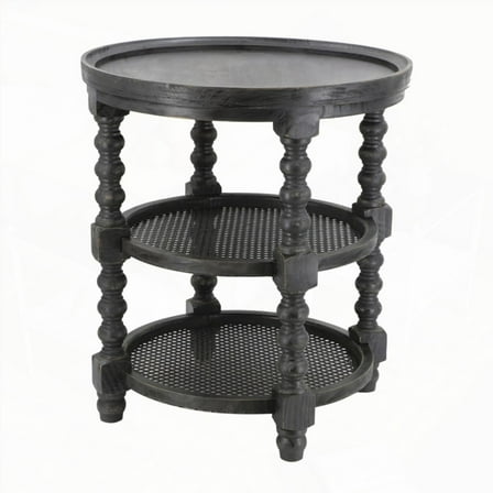 D23.5 x 25" Round Three Tiered Side Table in Black with Rattan Shelf for Living Room