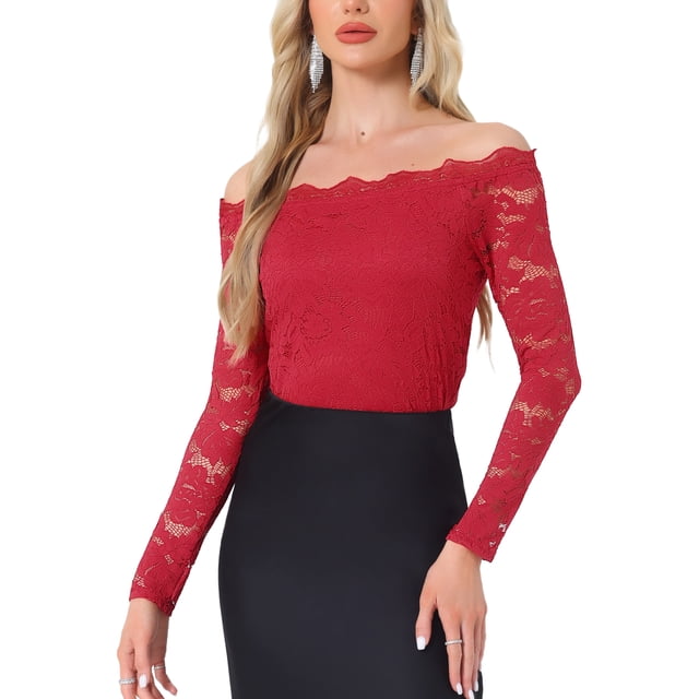 INSPIRAR CHIC Blusa de Encaje Floral para Mujeres con Mangas Largas Transparentes Off Shoulder L Roja