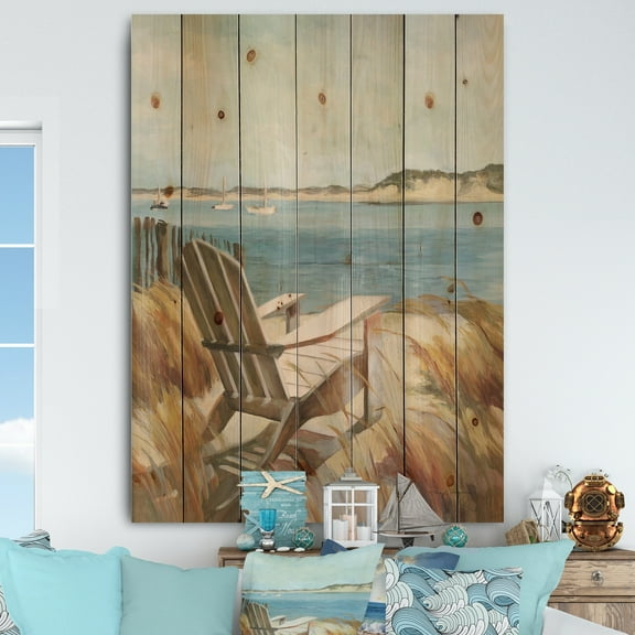 Designart 'Coastal Chair Relax Beach' Nautical & Coastal Print on Natural Pine Wood