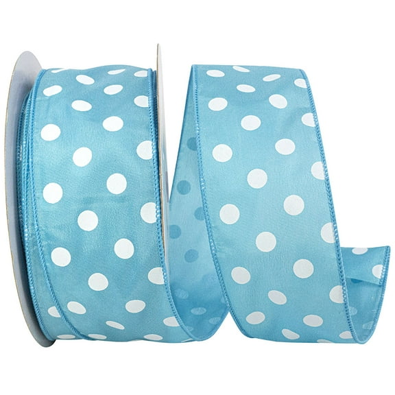 Wire Edged Satin Large Dots Turquoise and White Spring Ribbon 2 1/2" 50 Yards