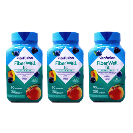 Vitafusion Fiber Well Fit Gummies Sugar Free Fiber Supplement Berry and Peach Flavors 90 Count (Pack of 3)