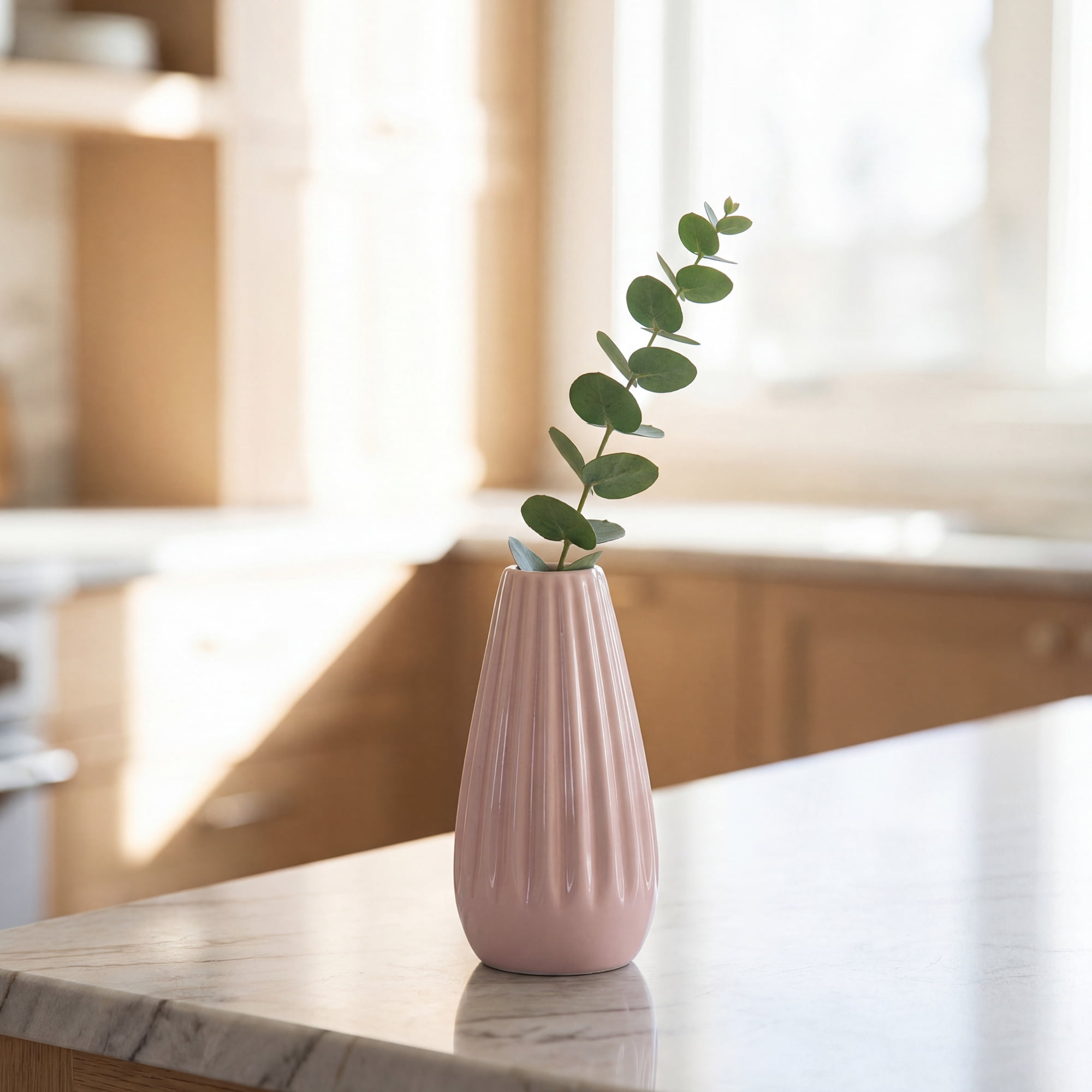 Unique Bargains Mini Ceramic Matte Ribbed Flower Vase Pink 2.4"L x 2.4"W x 5.1"H