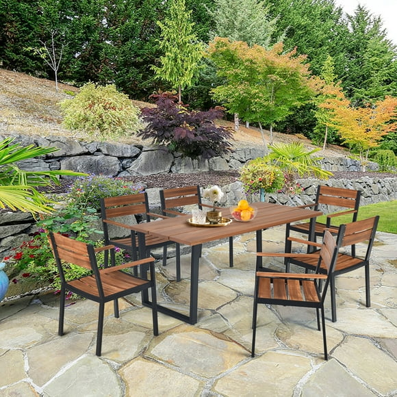 Gymax Patented 7PCS Patio Dining Set Outdoor Furniture Set w/ 6 Armchairs Umbrella Hole