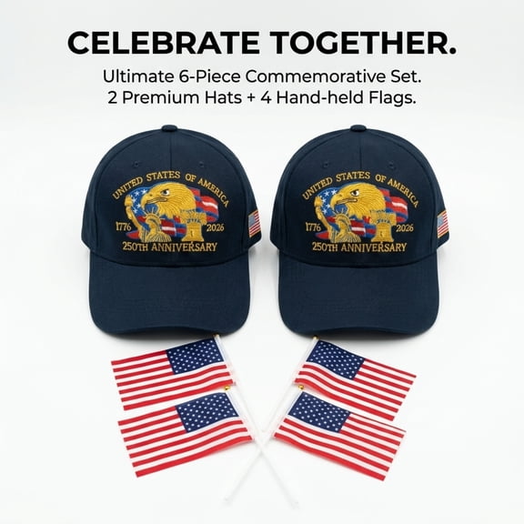 For Man USA 250th Anniversary Hat 4th of July 3D Embroidered Cap 2 Hats 4 Mini Flags Set