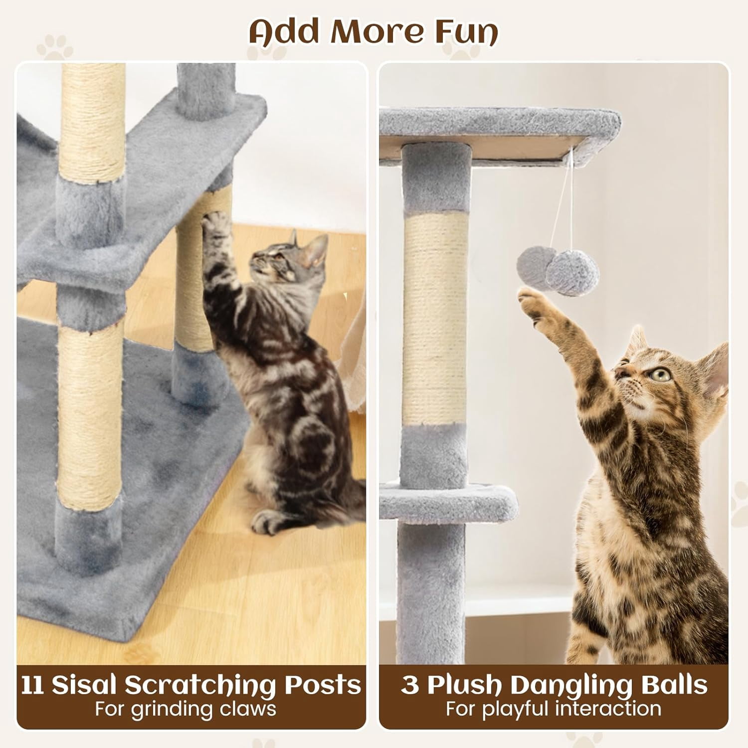 LEHOME 80 Inch Tall Cat Tree, Multi-Level Cat Tower with Sisal Scratching Posts, 2 Condos, Plush Perch, Hammock, Basket, Dangling Toys, Cat Climbing Furniture for Indoor Cats (Light Gray)