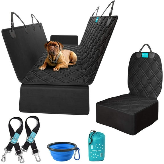 Duke and Dixie Dog Car Seat Cover Hammock Back, Pet Front Bucket, 2 Dog Seat Belt Leashes, Travel Bowl, High Quality Material, 100 Percent Waterproof Durable Washable Stylish