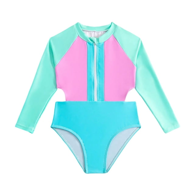 Girls Rash Guard Swimming Bathing Suit Ruffle Floral Pattern Sun Protection Long Sleeve Kids Bathing Suits Girls 4-5 Years