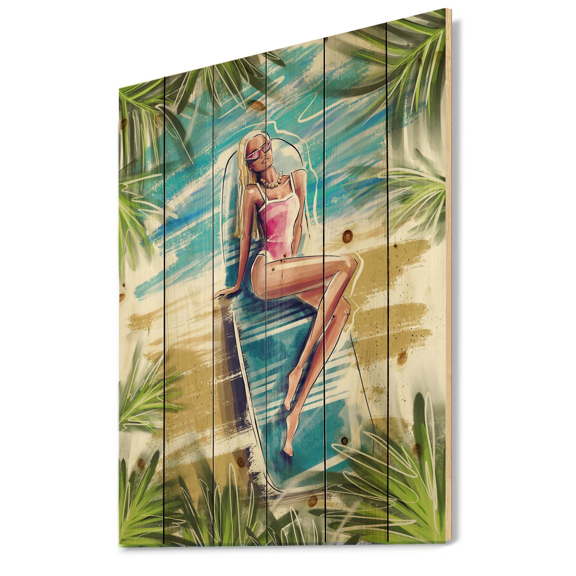 Designart 'Portrait Beautiful Blond Model At The Beach Sunbathing' Nautical & Coastal Print on Natural Pine Wood