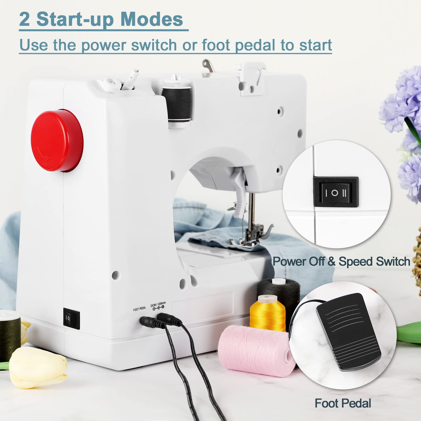Mini Sewing Machine for Beginners, Electric Portable Small Sewing Machine with 12 Built-In Stitches Reverse Sewing Adjustable Speed LED Light Foot Pedal Heavy Duty Household Mending Stitching Machine