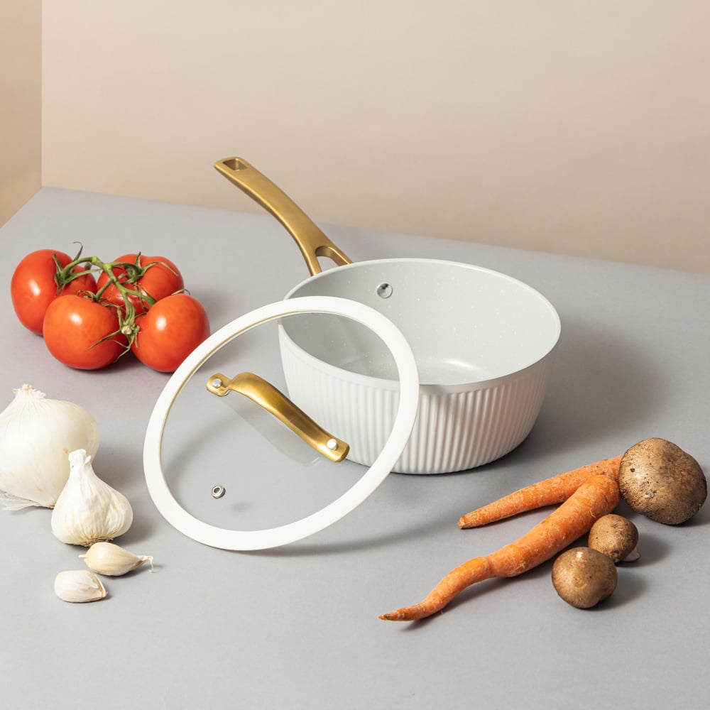 Thyme & Table 2.5 QT Non-Stick Signature Ribbed Saucepan - White & Gold