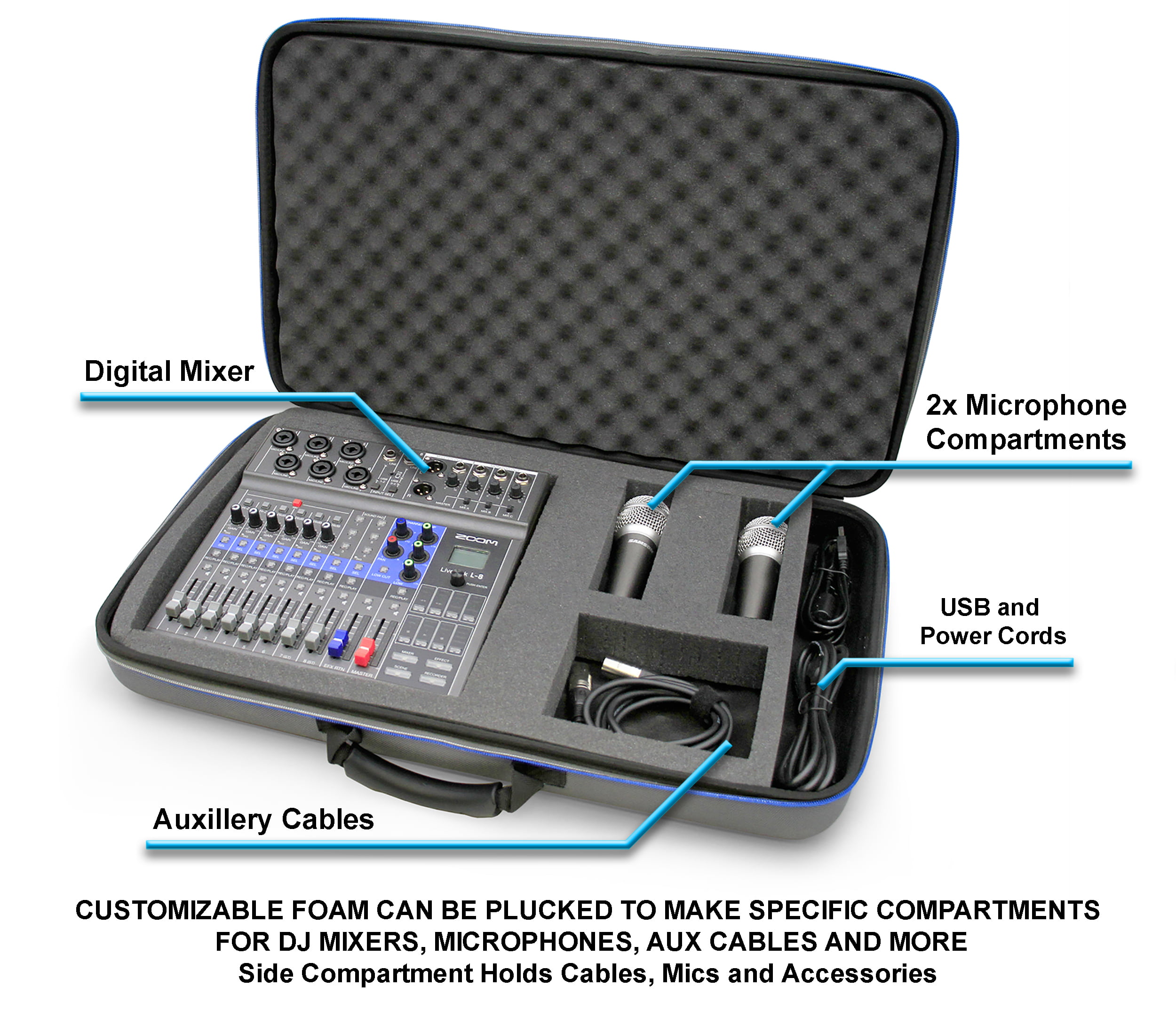 Casematix Studio Mixer Case Compatible with Zoom LiveTrak L-8 Podcast Recorder Microphone Cable and Accessories in Custom Shock Absorbing Red Foam Mics Case Only 