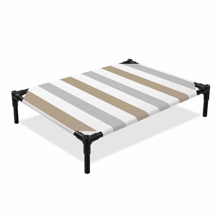 Light Brown Grey Stripe Elevated Dog Bed Classic Modern Cooling Breathable Outdoor Raised Dog Cot Bed with Metal Frame Non-Slip Feet for Large Dog 28x22in