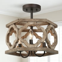 LNC 3-Light Drum Farmhouse Wood Semi-Flush Mount Ceiling Light for Living Room,Bed Room