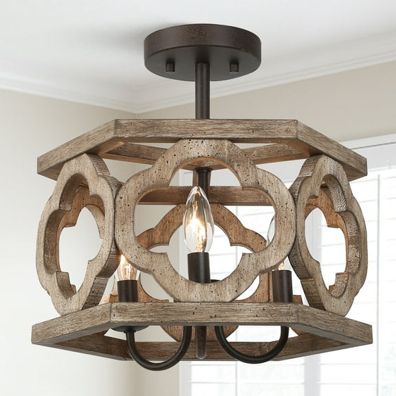LNC 3-Light Drum Farmhouse Wood Semi-Flush Mount Ceiling Light for Living Room,Bed Room
