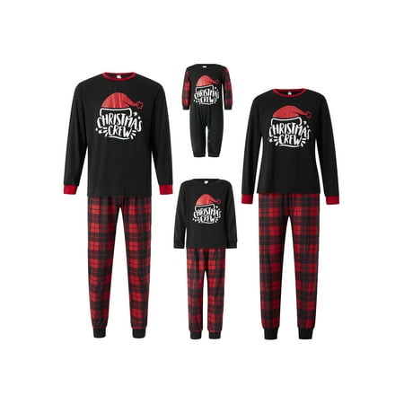 

Christmas Pajamas for Family Letter Christmas Hat Printed Long-sleeve Round Neck Tops + Plaid Pants Baby Romper Family Clothing