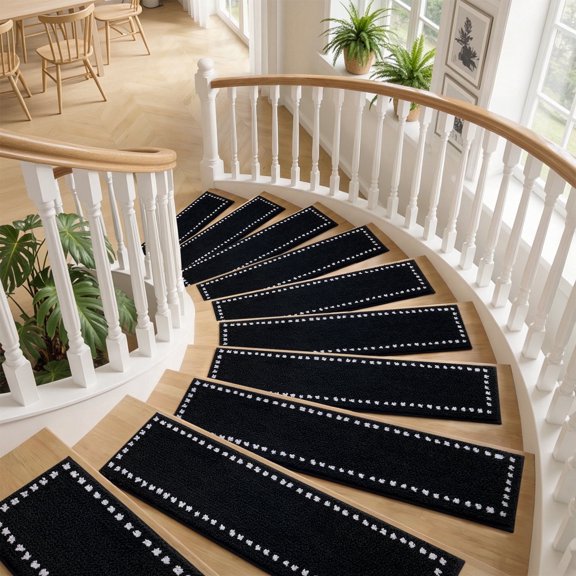 SIXHOME Non-Slip Stair Treads for Wooden Steps Plush Washable Carpet Treads Indoor Peel and Stick Reusable Adhesive, 15 Pack 8"x30" Black