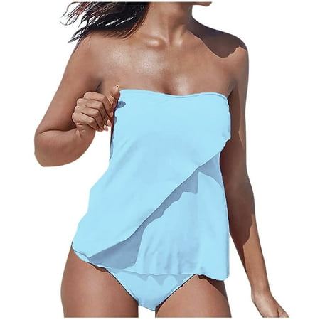 Hfyihgf Two Piece Tankini Bathing Suits for Women Strappy Bandeau Swim Top with Bikini Bottom Flowy Tummy Control Swimsuit(Light Blue L)