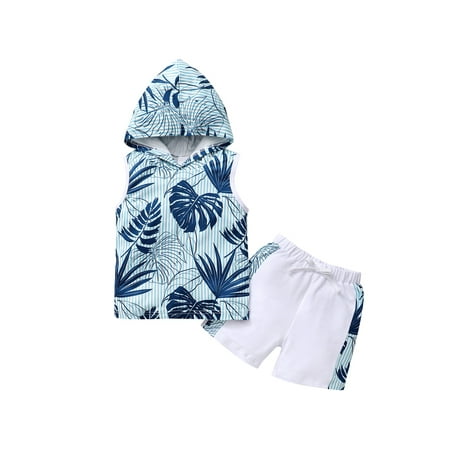 

ZIYIXIN Toddler Baby Boys Summer Outfits Sleeveless Leaf Print Hooded Vest Tops Drawstring Elastic Waist Shorts Set Light Blue 3-4 Years