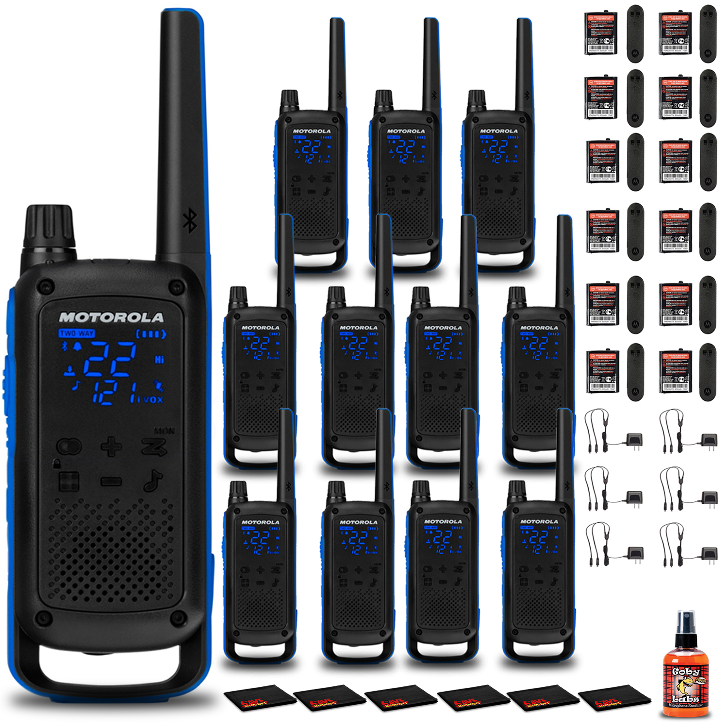 x Motorola Talkabout T800 Two-Way Radios (Pair, Blue/Black) (T800) Mic  Sanitizer Spray x MicroFiber Cloth