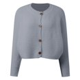 thumbnail image 4 of Wang6 Women Lightweight Cropped Cardigans Sweaters Trendy Long Sleeve Button down Knit Sweater Fall Crew Neck Striped Embossing Knitted Outwear Tops Grey One Size, 4 of 5