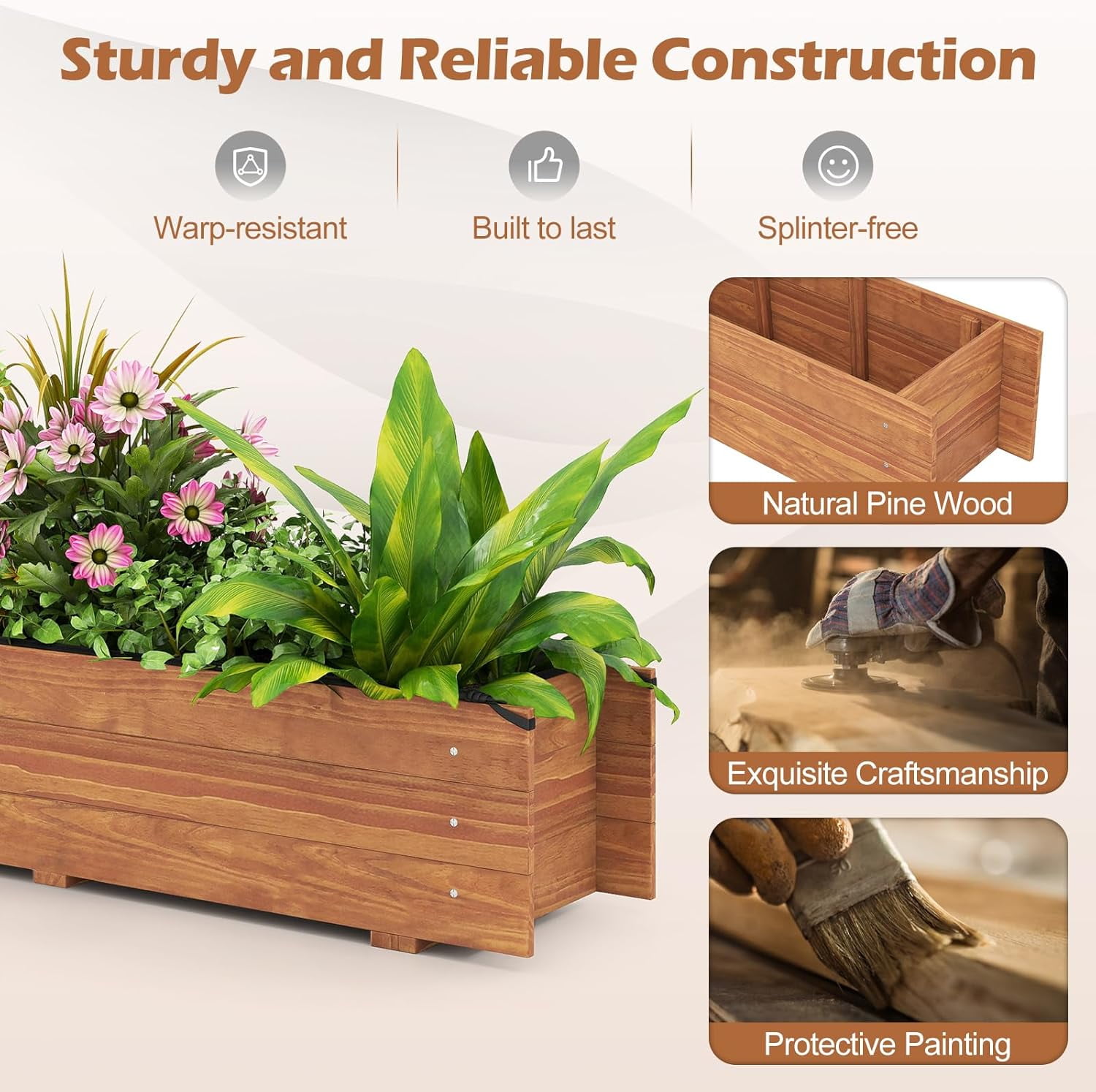 ZMSHOP Raised Garden Bed, 44" x 11" x 10" Wood Rectangle Planter Box with Drainage Holes, Water-Resistant Paint, Decorative Window Box, Outdoor Garden Bed for Fruit Vegetable Flower Herb, Orange