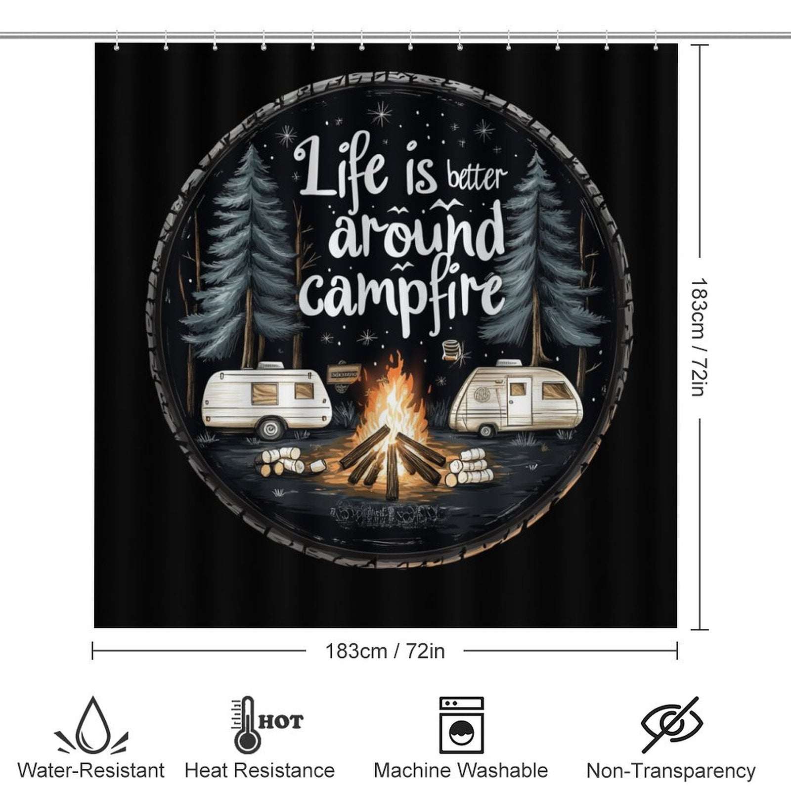 Life Is Better Around The Campfire Shower Curtain Sets 4 Piece with Non-Slip Rugs Toilet Lid Cover And Bath Mat Summer Camping Campfire Waterproof Personality Pattern Bath Curtain for Bathroom Decor
