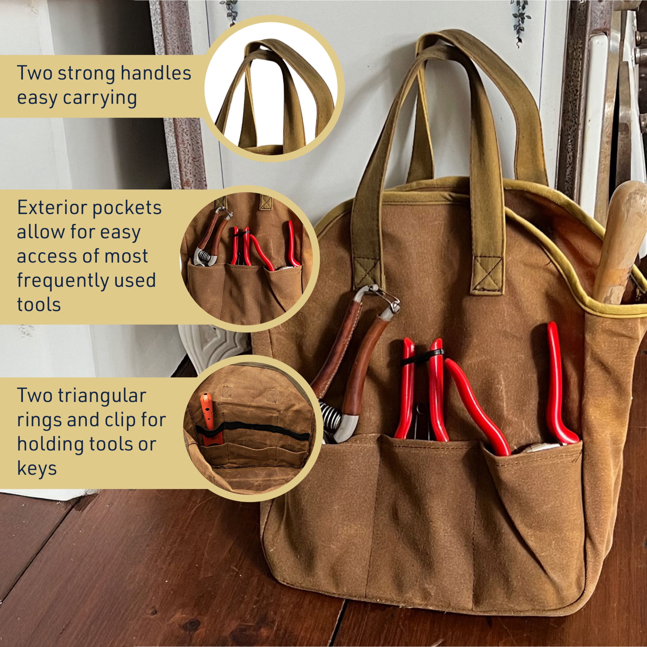 Kings County Tools Garden Tool Bag - 12x14” Waxed Canvas Tote Bag Gardening Caddy with Pockets