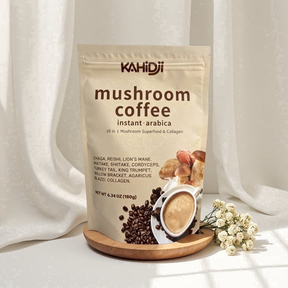 KAHIDJI Mushroom Coffee with Grass-Fed Collagen  with French Vanilla Flavor – Instant Coffee with 10 Superfood Adaptogen Mushrooms, 180 g