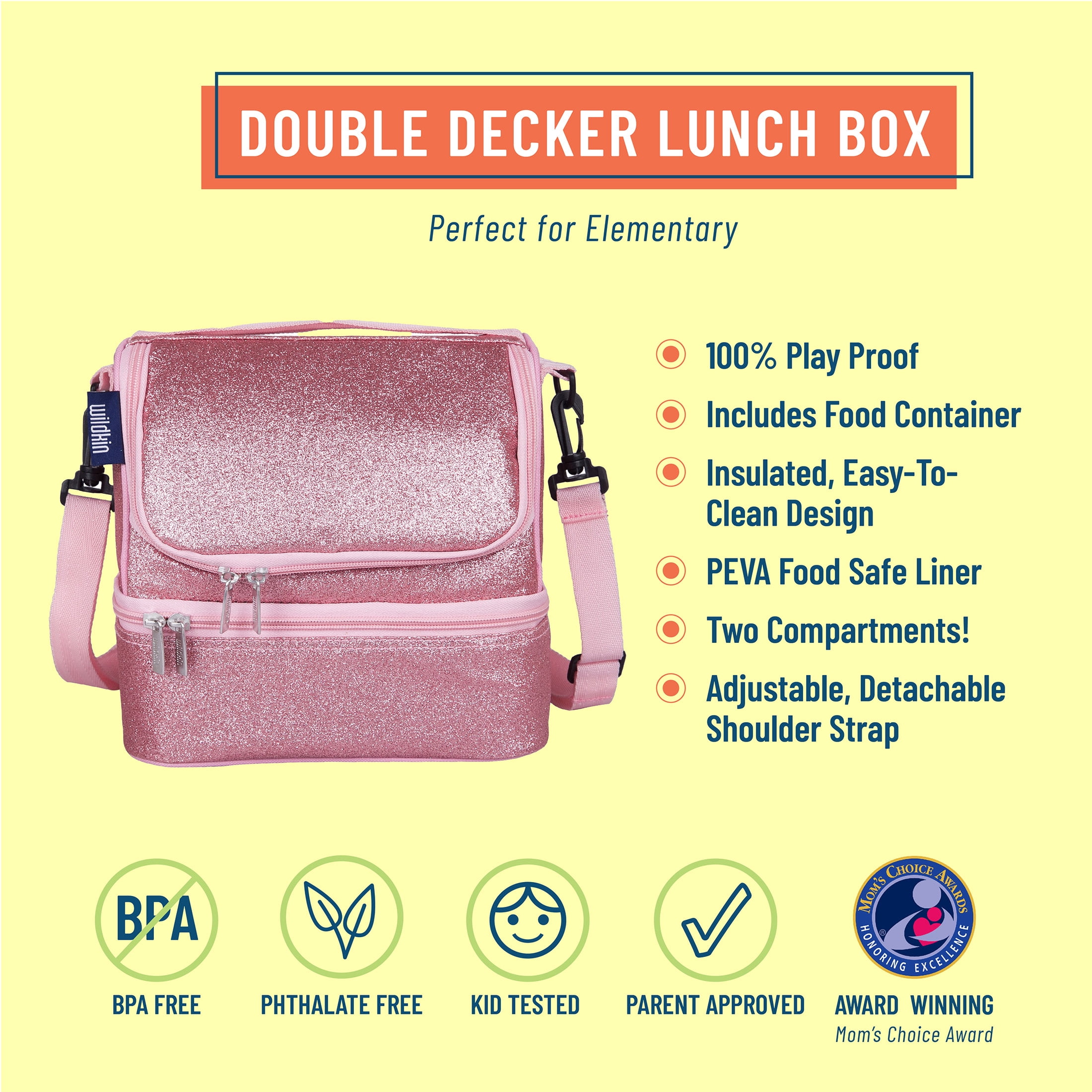 Wildkin Two Compartment Insulated Reusable Kids Lunch Bag for Boys & Girls, BPA Free, Includes Shoulder Strap (Pink Glitter)