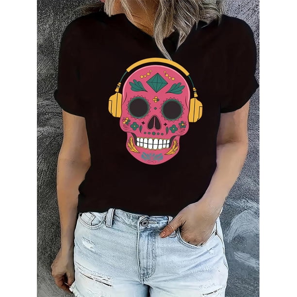 Women Crewneck Print Short Sleeve T-Shirts Summer Tees Loose Fit Graphic TopsHalloween Skull Print Comfy T-Shirt, Round Neck Short Sleeve Sports Tee, Women's ActivewearFather's Day, Mother's Day, N